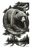 grisly bear surrounded by forest scene tattoo design idea