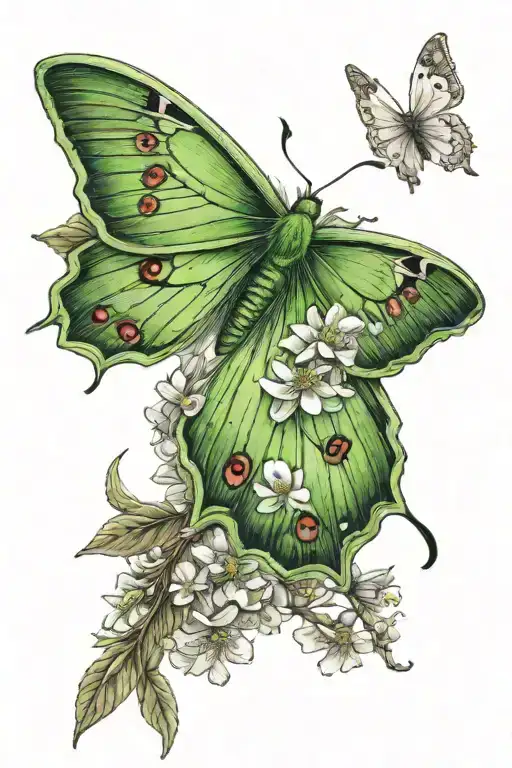 luna moth, full moon, hawthorn flower, primrose flowers,  lily of the valley flowers, sweet pea flowers  tattoo design idea