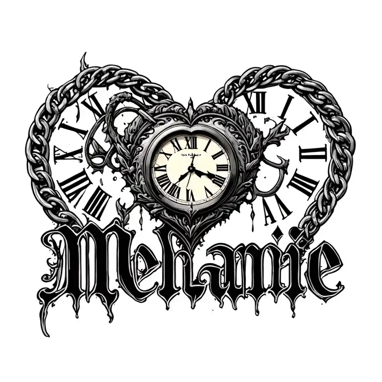 "Mélanie" clock Coeur chain tattoo design idea