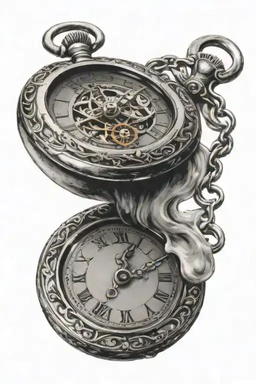 an open pocket watch where the time is stopped at 6:05, with a mix of suculante  tattoo design idea