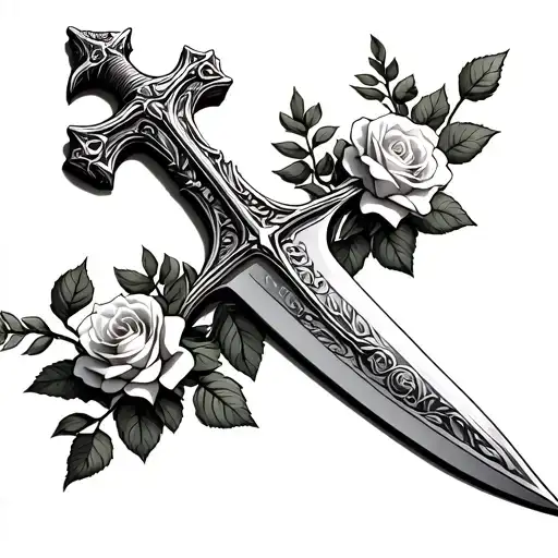 sword in the shape of a religuos christian cross with roses growing around it tattoo design idea
