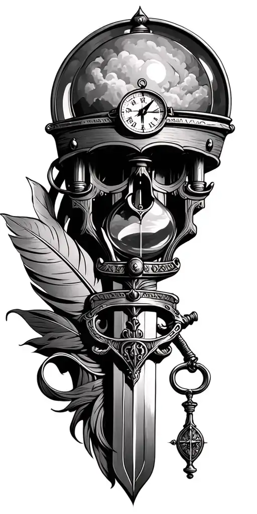 lighthouse, flintlock pistol, hourglass, quill pen, cutlass sword and compass tattoo design idea