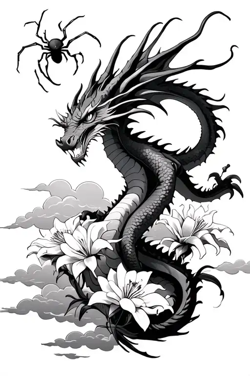 spirited away dragon flying, clouds and spider lilies in background  tattoo design idea
