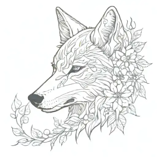 feminine floral wolf tattoo design idea