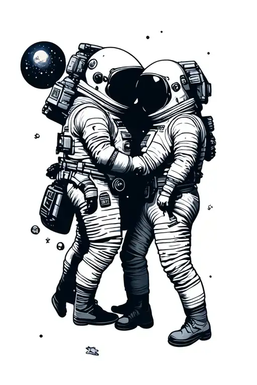 two astronaughts letting each other go in space less detail in the astronaughts have them facing each other  tattoo design idea
