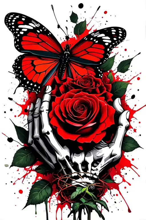 butterfly resting on rose, rose being held by skeleton hand, wrapped in barbed wire tattoo design idea