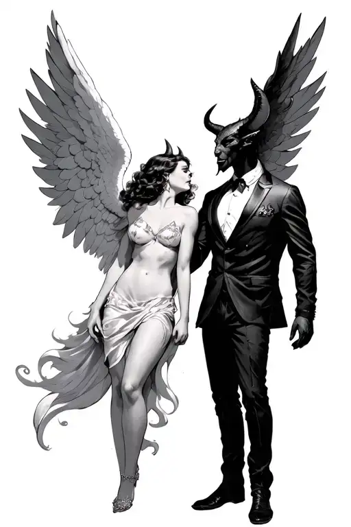 devil with suit looking up to a sexy angel with wings tattoo design idea