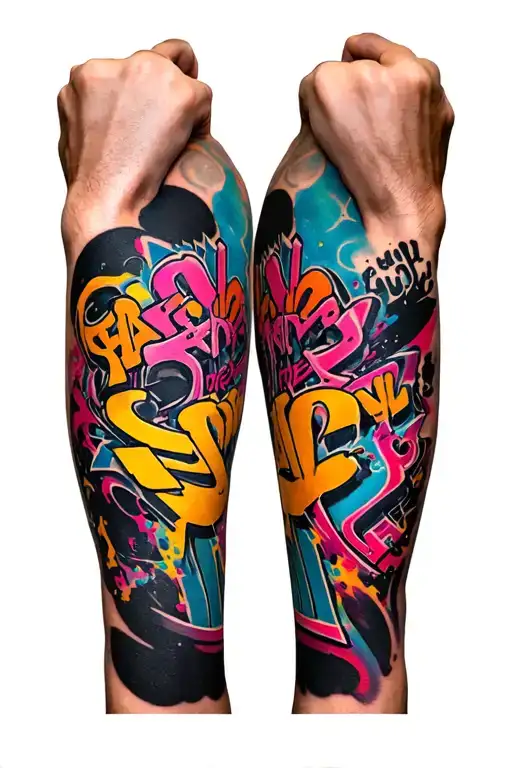 A black backdrop with Tate vertically running down forearm in colorful graffiti  tattoo design idea