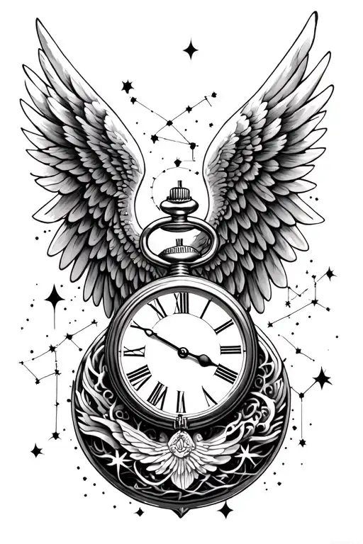 angel wings pocket watch surrounded by constellations tattoo design idea