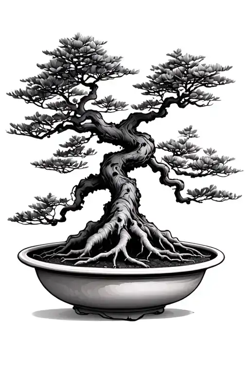 Bonsai tree feint lines no pot fine roots visible minimal foliage tattoo design idea