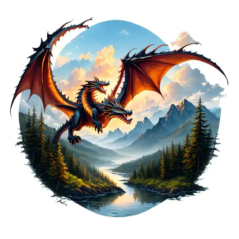 nature scene with mountains on one side and forest on the other with river running between an dragon flying in the sky  tattoo design idea