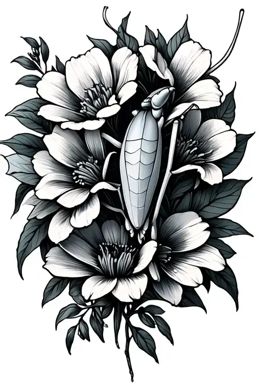 mantis and flower bouquet tattoo design idea