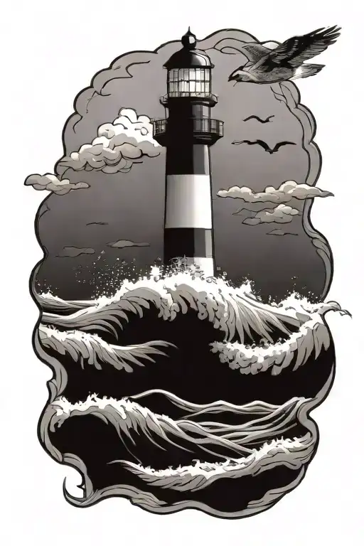 lighthouse with waves crashing  tattoo design idea