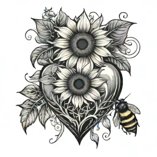 realistic heart with sunflower and bee  tattoo design idea