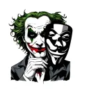 black and white joker holding anonymous mask with fade tattoo design idea