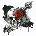 A black and white tattoo style. A cracked with falling small peices skull whit a knife in the middle with a rose around. tattoo design idea