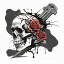 A black and white tattoo style. A cracked with falling small peices skull whit a knife in the middle with a rose around. tattoo design idea