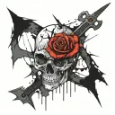 A black and white tattoo style. A cracked with falling small peices skull whit a knife in the middle with a rose around. tattoo design idea