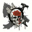 A black and white tattoo style. A cracked with falling small peices skull whit a knife in the middle with a rose around. tattoo design idea