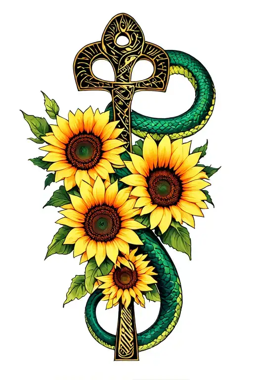 2 headed snake, sunflowers, and ankh symbol intertwined tattoo design idea