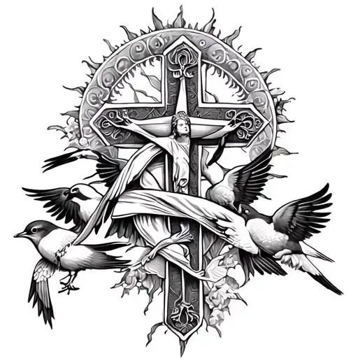 Jesus cross with cancer ribbon wrapped loosely birds and sun around it  tattoo design idea