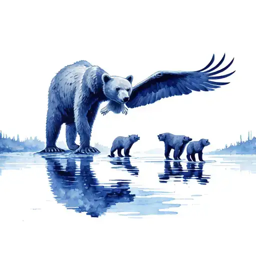 mummy bear and 3 cubs river flowing eagle soaring tattoo design idea