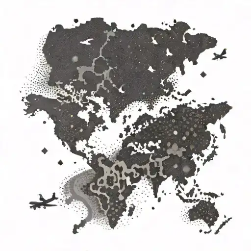 An airplane flying over a world map made of makeup products tattoo design idea