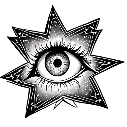A celestial scene with a six-pointed star in the background. In the center of the star, there is a large eye with a pupi tattoo design idea