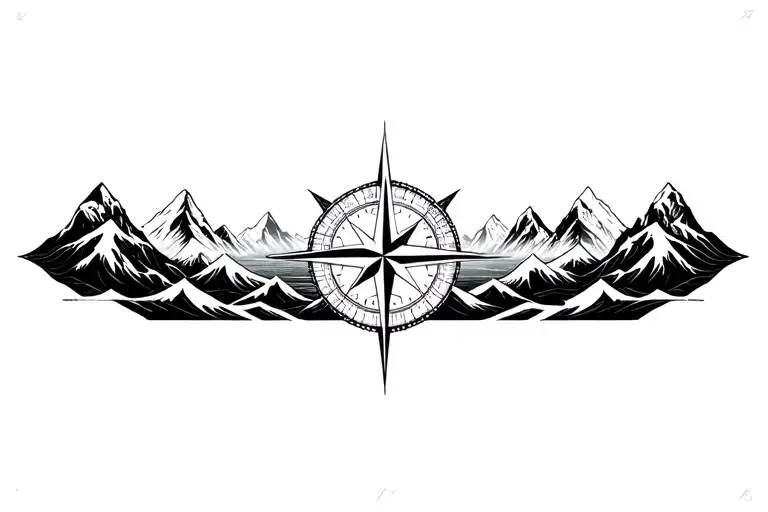 large compass with long north point surrounded by intricate geometric moutains and waves. black and white tattoo design idea