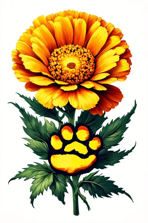 Marigold and poppy flower with dog paw print tattoo design idea
