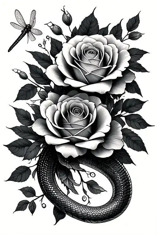 roses, Japanese cherry blossom, snake, dragonflies, chameleon, flowers tattoo design idea