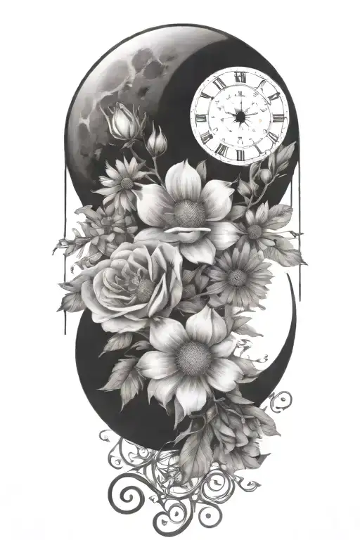 An intricate tattoo of a boquet of roses, daisys, and cosmos flowers intertwined with the three moon phases tattoo design idea