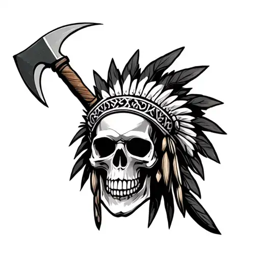 native american skull + tomahawk surrounded tattoo design idea