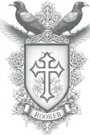 Rooker Family Crest with home in shield with  6 Crows on a celtic cross with cedar trees tattoo design idea