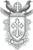 Rooker Family Crest with home in shield with  6 Crows on a celtic cross with cedar trees tattoo design idea