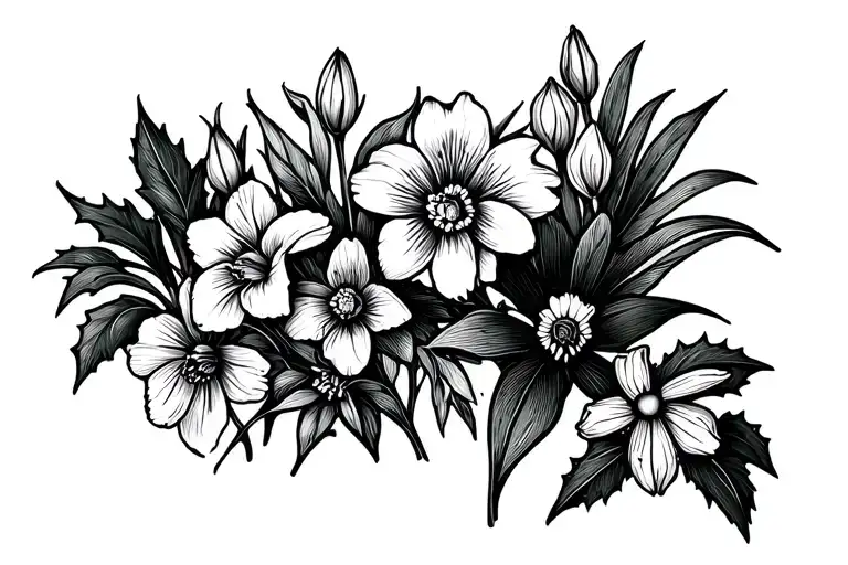 flower meadow with gladiolus, delphinium, daffodil, holly,Tulip, orchid, cyclamen tattoo design idea