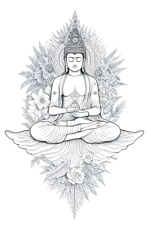 buddah, goddess warrior, whale tail ocean mammals amongst fernery and  floral mandala surrounding buddah and warrior  tattoo design idea