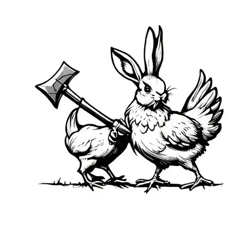 Rabbit with spear fighting chicken with axe sketch tattoo design idea