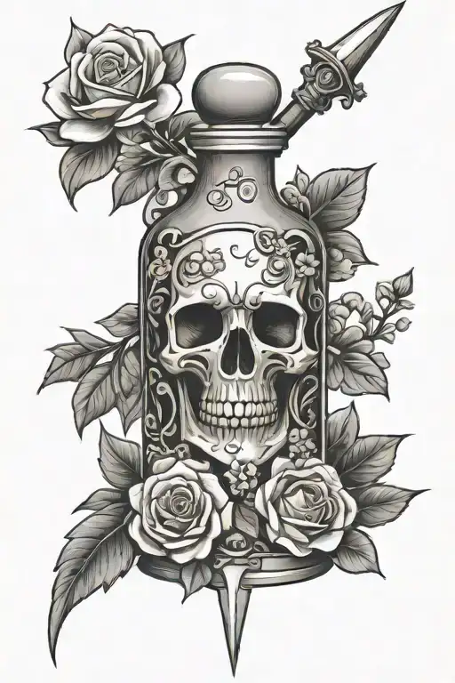 girly poison bottle with dagger and flowers surrounding  tattoo design idea
