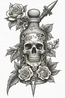 girly poison bottle with dagger and flowers surrounding  tattoo design idea