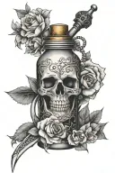 girly poison bottle with dagger and flowers surrounding  tattoo design idea