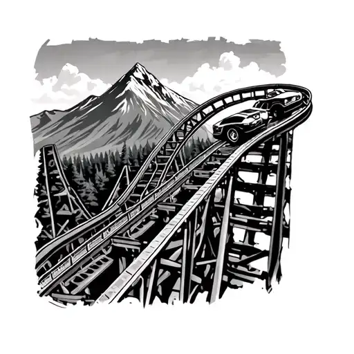 roller coaster as the foreground going towards a mountain with the cars on the track.  tattoo design idea