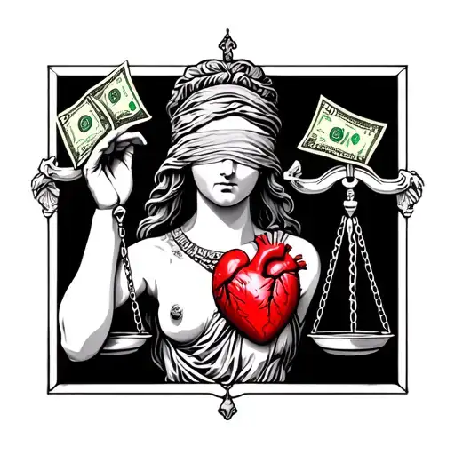 lady justice blindfolded with Money in her hand anda human heart on the scale  tattoo design idea