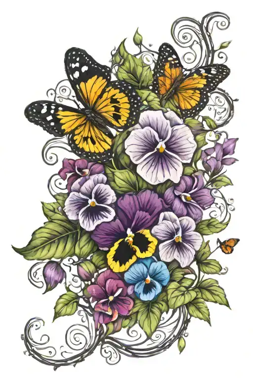 colorful vine wrap with pansies with butterflies surrounding tattoo design idea