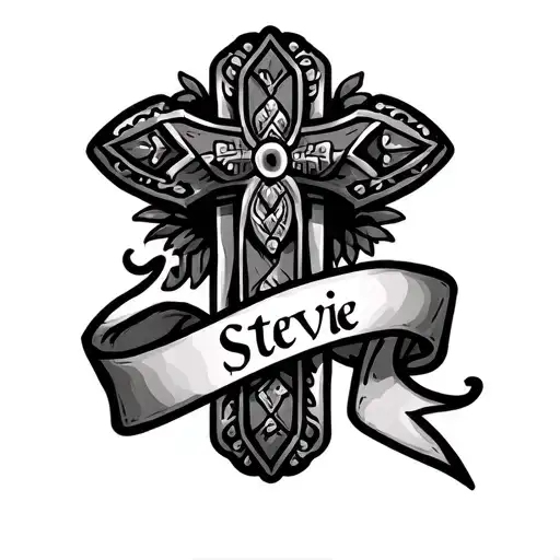 Mexican cross with banner ribbon across that says "Stevie" tattoo design idea