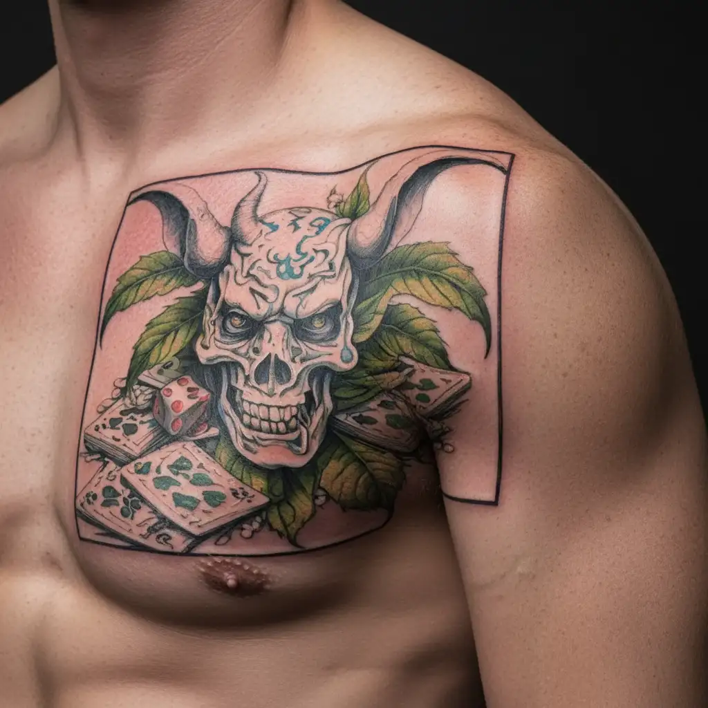 devil snorting cocaine with dice and cards smoking weed leaves vile of cocaine  tattoo design idea