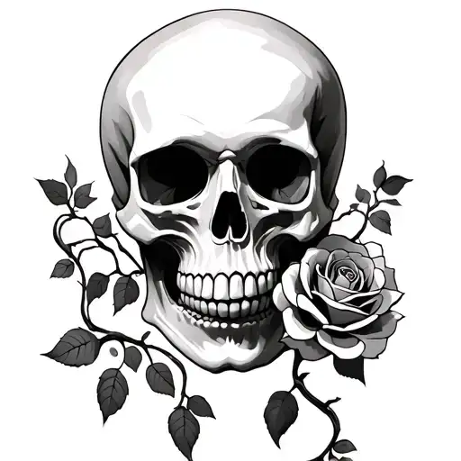 Skull with a rose in its mouth with vines growing tattoo design idea