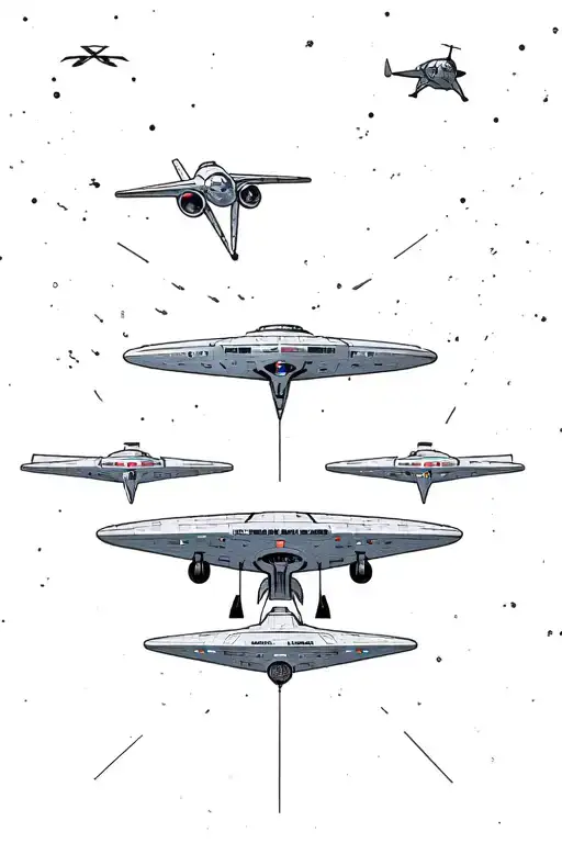 starship enterprise, star trek x-wing, the rocinante, and then a Cessna 172 top down and linked together through trails tattoo design idea