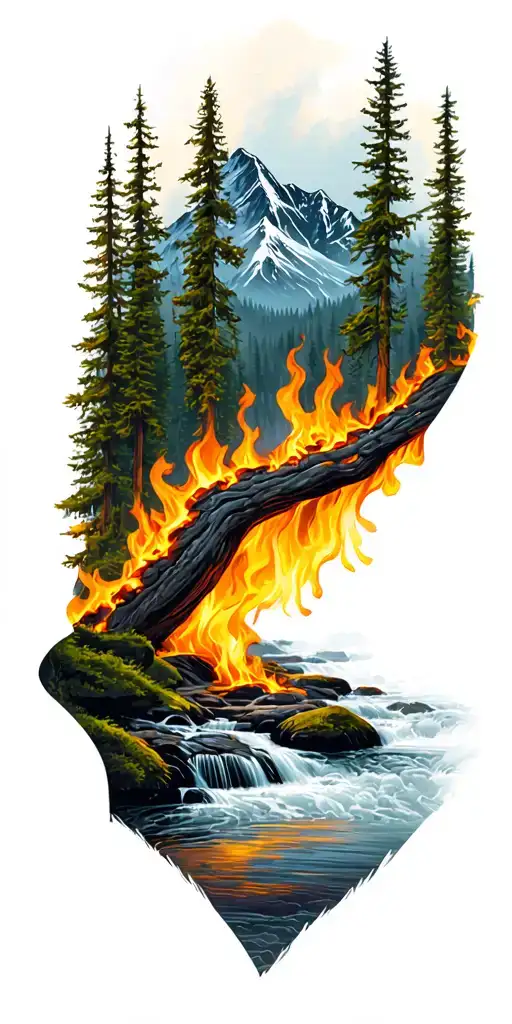 burn forest and mountain stream tattoo design idea