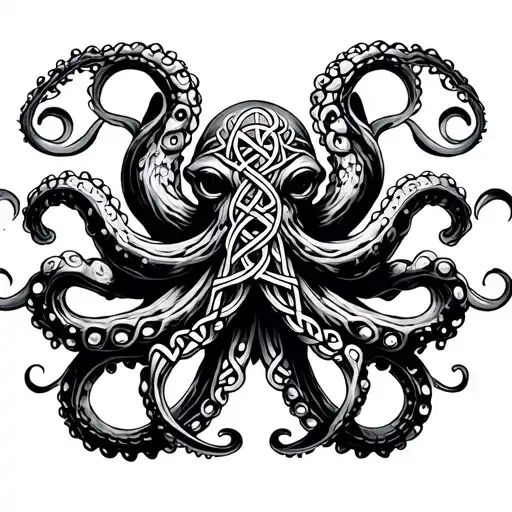 Dark, ominous Celtic octopus tattoo with eight tentacles, Lovecraftian style, intricate knots, and shadows tattoo design idea